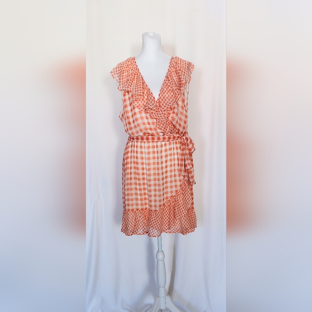 LC Lauren Conrad Gingham Checkered Ruffle April Dress Womens XL Orange White NWT